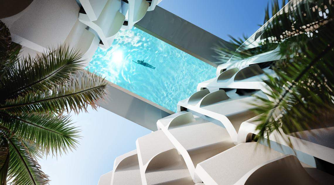 A 75-foot swimming pool suspended&nbsp;125 feet in the air is part of plans for The Delmore in Surfside.