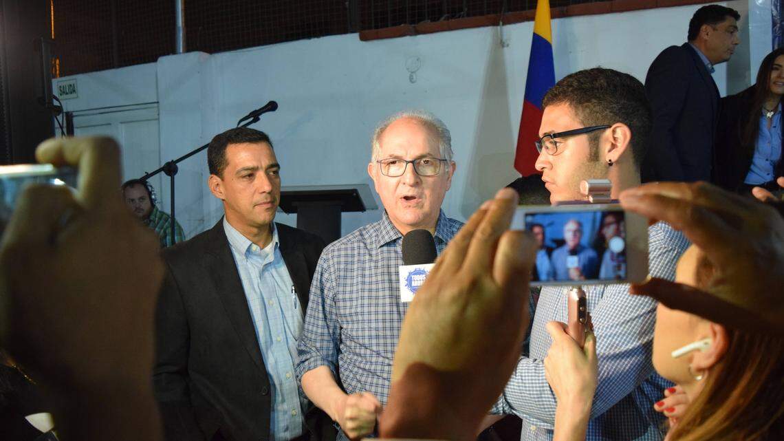 Antonio Ledezma, the former mayor of Caracas who escaped from house arrest last year, talks to supporters in Lima, Peru. Peru, which is hosting the eighth Summit of the Americas, has emerged as a hotbed for Venezuela’s opposition.