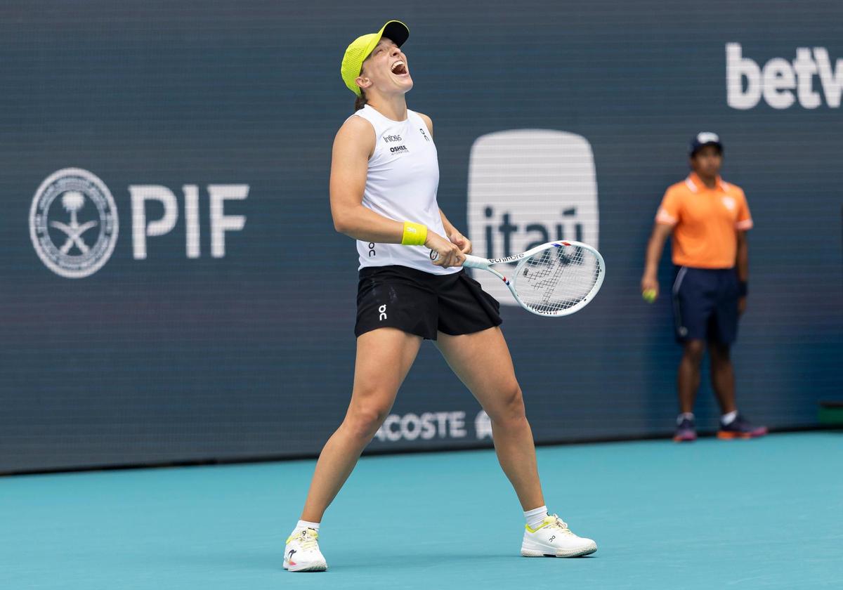 Iga Swiatek, of Poland, reacts after a play against Alexandra Eala, of the Philippines, during their women’s quarter-final match at the Miami Open tennis tournament, held at Hard Rock Stadium on Wednesday, March 26, 2024, in Miami Gardens, Florida.