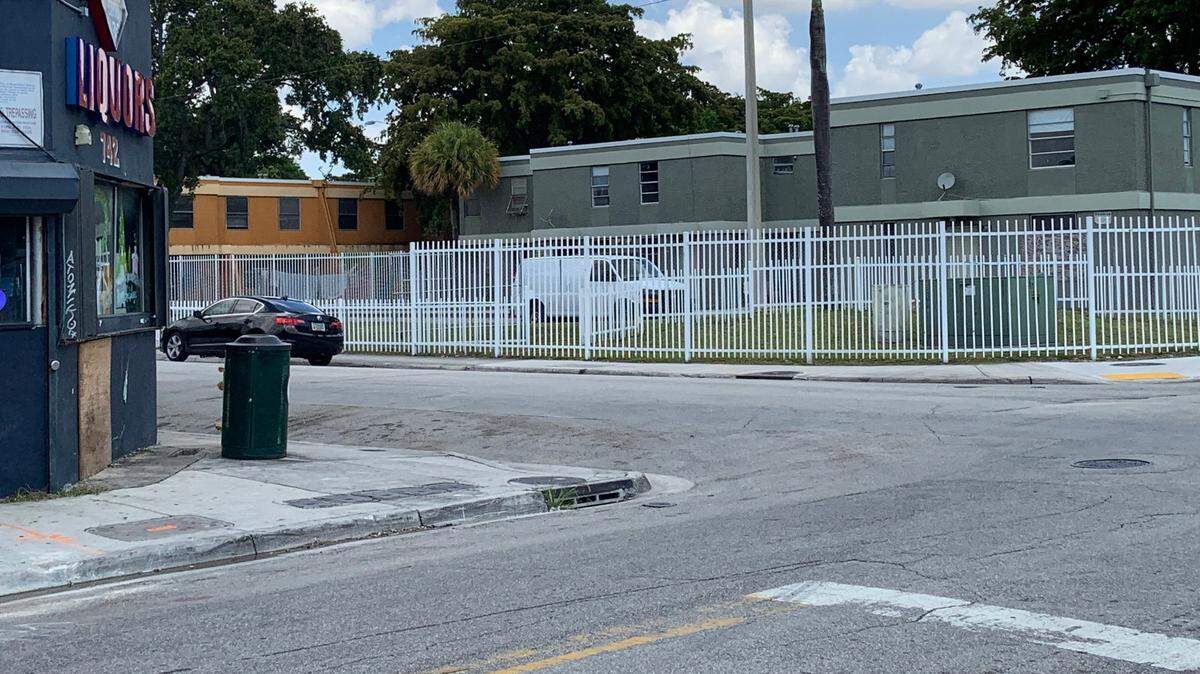 The corner of Northwest Eighth Street and Fifth Avenue in Miami, where three people were shot Monday night.