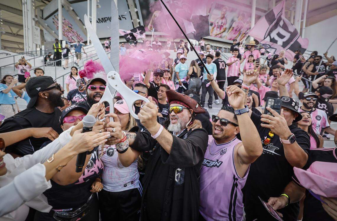 Fans react during a ribbon cutting event at Nu Stadium in Miami Freedom Park ahead of an MLS soccer match between Inter Miami CF and Austin FC at Nu Stadium in Miami Freedom Park on Saturday, April 4, 2026, in Miami, Florida, 