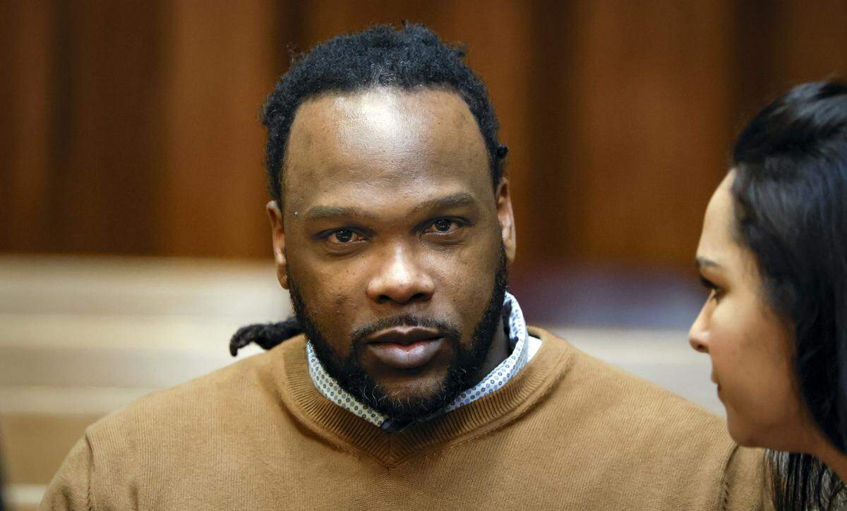 Rashaun Jones, who is accused of killing his University of Miami football teammate Bryan Pata in 2006, during recess in Judge Cristina Miranda Courtroom 4-1 at the Richard E. Gerstein Justice Building on Wednesday, Feb. 18, 2026.