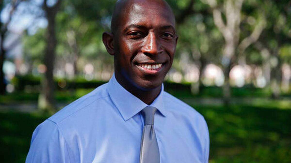 In this Wednesday, March 27, 2019 photo, Miramar Mayor Wayne Messam poses for a portrait, in Miramar, Fla. Messam announced, Thursday, March 28 that he is running for the Democratic presidential nomination.