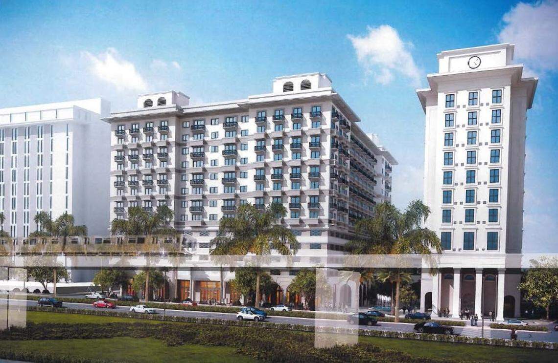 An architectural rendering shows the Paseo de la Riviera hotel and apartment building now under construction on South Dixie Highway in Coral Gables.