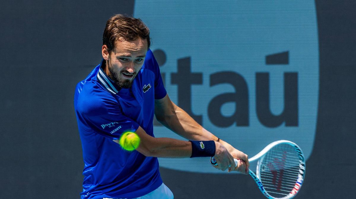 Daniil Medvedev, of Russia returns against Dominik Koepfer, of Germany, during the men’s single 4th round at the Miami Open tennis tournament, on Tuesday, March 26, 2024.