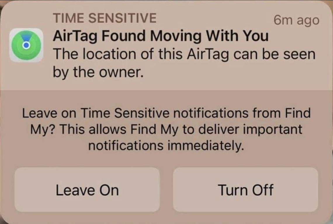 A notification of an Apple AirTag alert shared by the West Seneca police department.