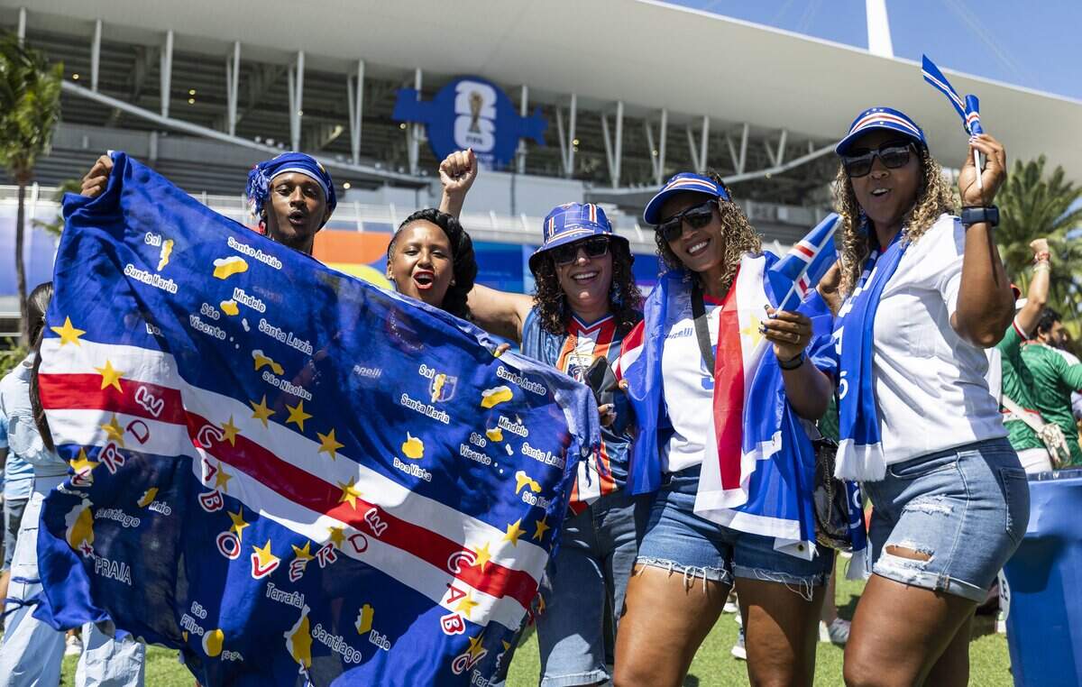 Cape Verde fans cheer as they arrive to Hard Rock Stadium before their team's World Cup Group H soccer match against Uruguay on Sunday, June 21, 2026, in Miami Gardens, Fla.