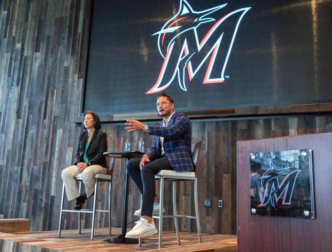 Miami Marlins shortstop Miguel Rojas speaks during a press conference after Miami Marlins general manager Kim Ng announces a contract extension through the 2023 season at loanDepot park on Thursday, Oct. 28, 2021.