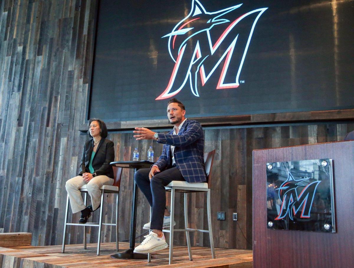 Miami Marlins shortstop Miguel Rojas speaks during a press conference after Miami Marlins general manager Kim Ng announces a contract extension through the 2023 season at loanDepot park on Thursday, Oct. 28, 2021.