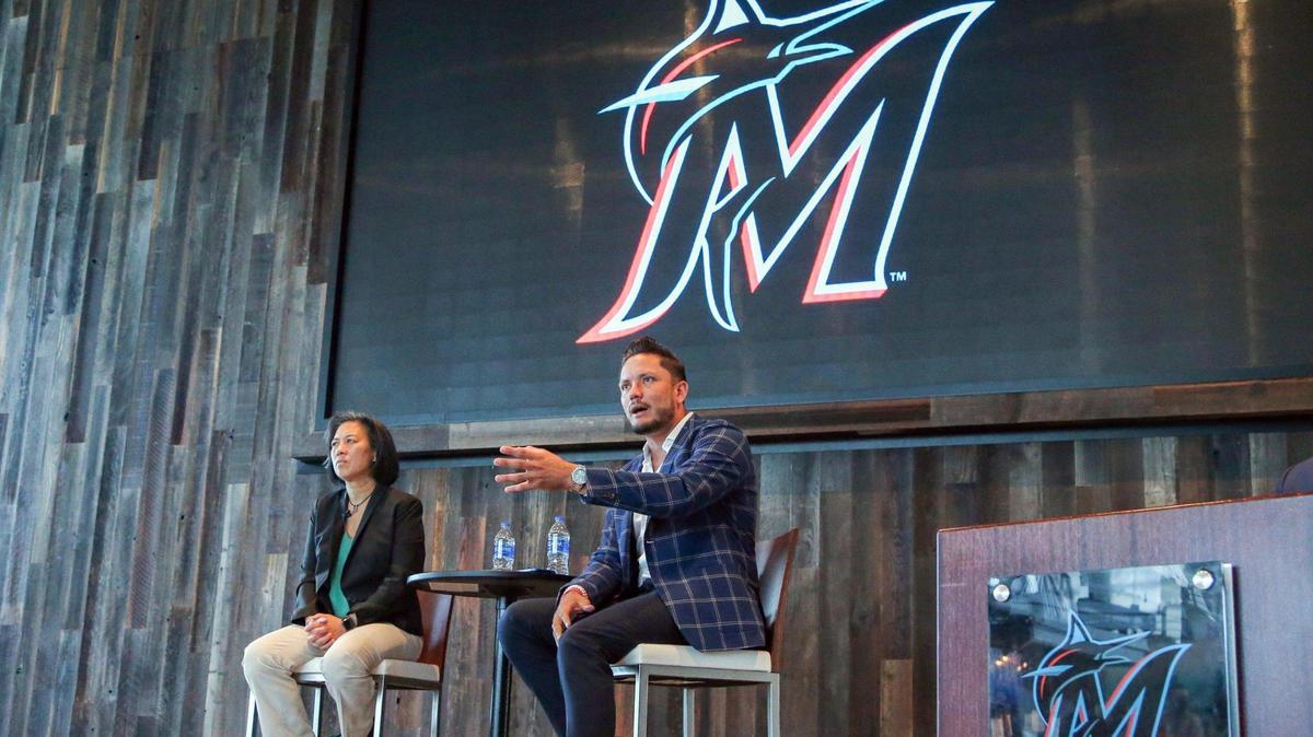 Miami Marlins shortstop Miguel Rojas speaks during a press conference after Miami Marlins general manager Kim Ng announces a contract extension through the 2023 season at loanDepot park on Thursday, Oct. 28, 2021.