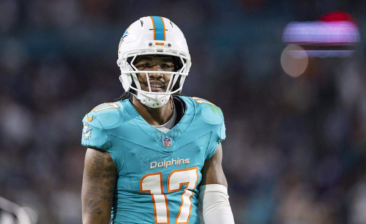 Miami Dolphins wide receiver Jaylen Waddle (17) looks on after catching a pass in the first half of his NFL game against the Baltimore Ravens at Hard Rock Stadium on Thursday, Oct. 30, 2025, in Miami Gardens, Fla.