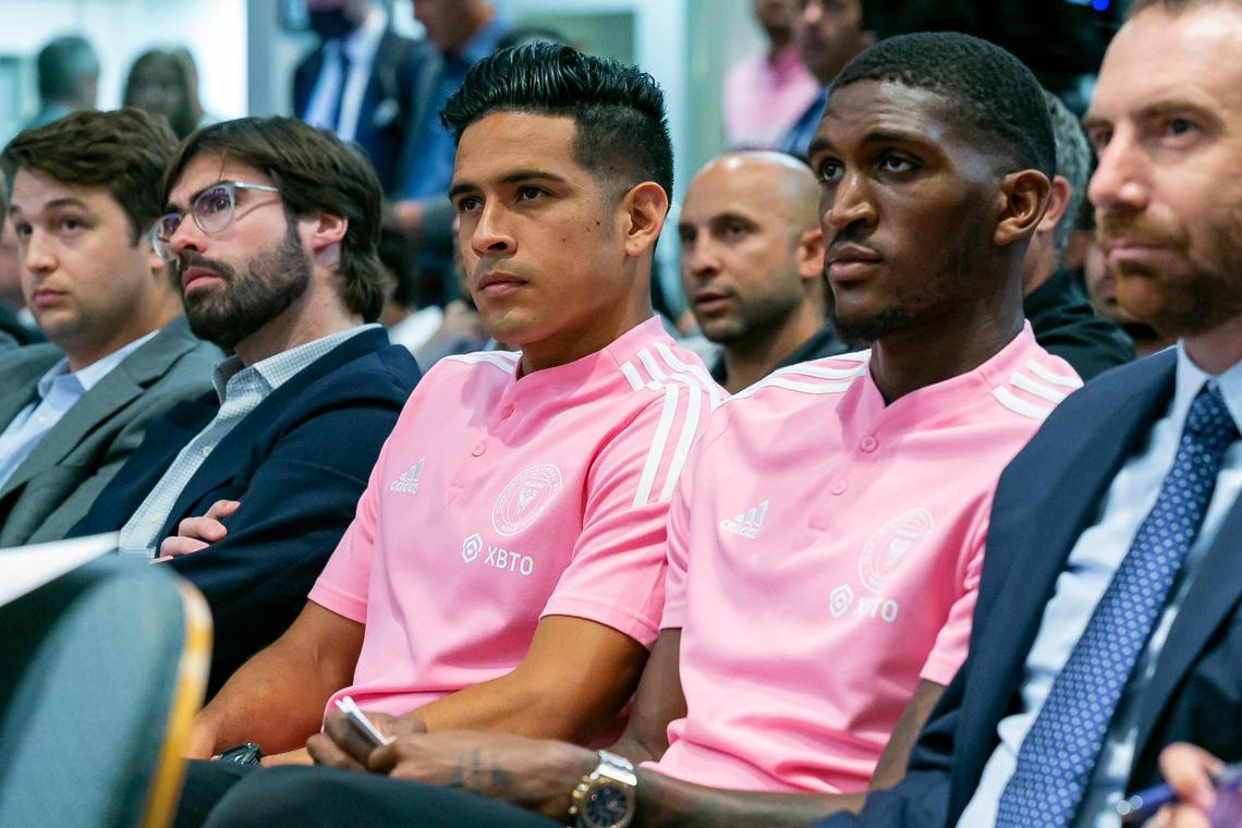 Inter Miami players Victor Ulloa, left, and Damion Lowe, attend a special meeting at Miami City Hall in Coconut Grove, Florida on Thursday, April 28, 2022. The meeting was held to discuss the Miami Freedom Park proposal.