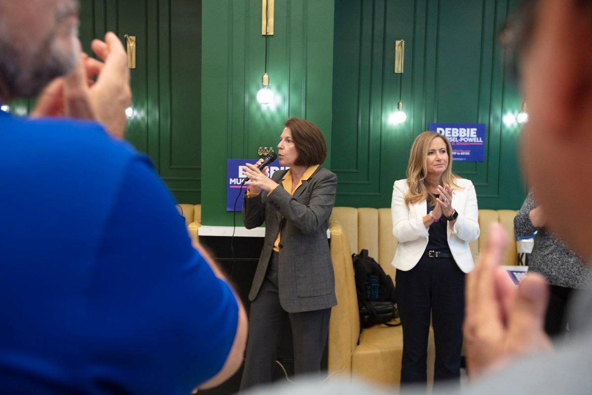 U.S. Sen. Catherine Cortez Masto(L), talks next to Florida Senate candidate Debbie Mucarsel-Powell during a campaign event at Sanguich Coral Gables, on Sept. 22., 2024.