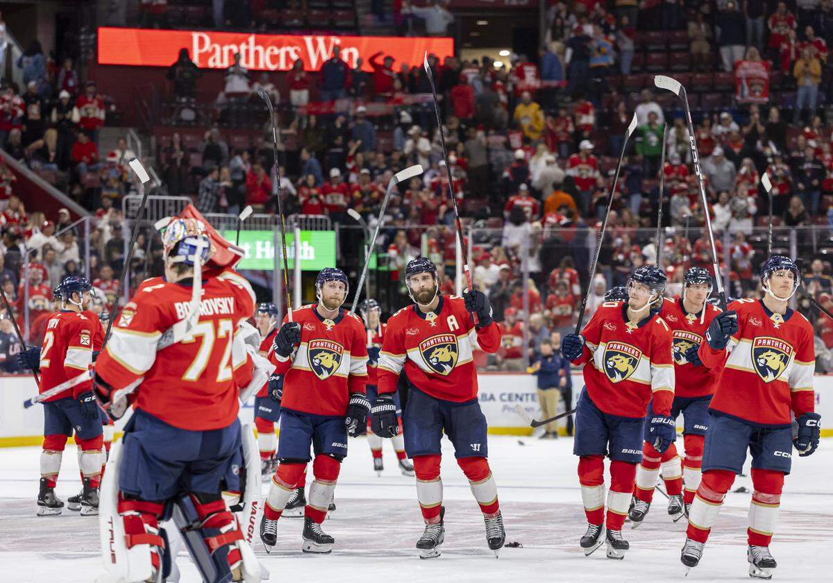 The Florida Panthers celebrate after they defeated the Dallas Stars in their NHL game at Amerant Bank Arena on Saturday, Nov. 1, 2025, in Sunrise, Fla.