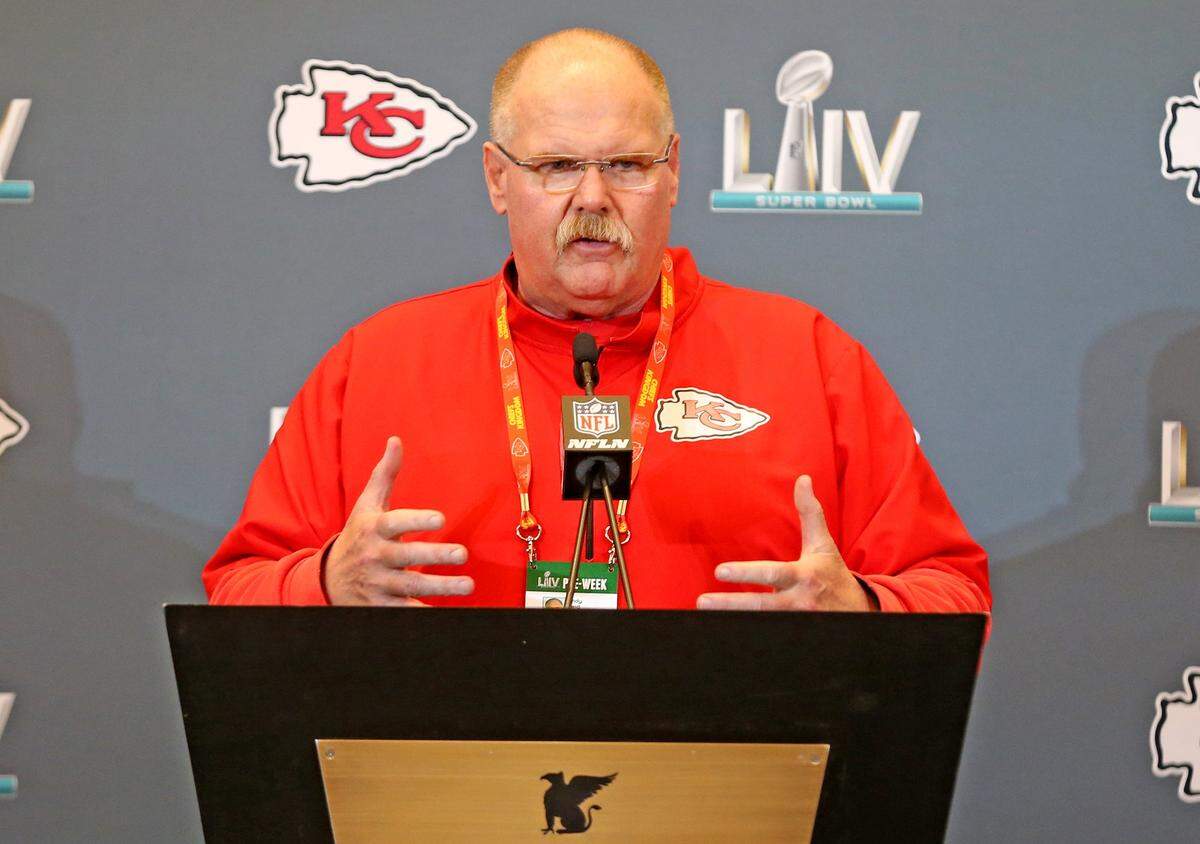 Kansas City Chiefs coach Andy Reid is interviewed by the media as they prepare to play the San Francisco 49ers in Super Bowl LVI, Aventura, Florida, January 28, 2020.