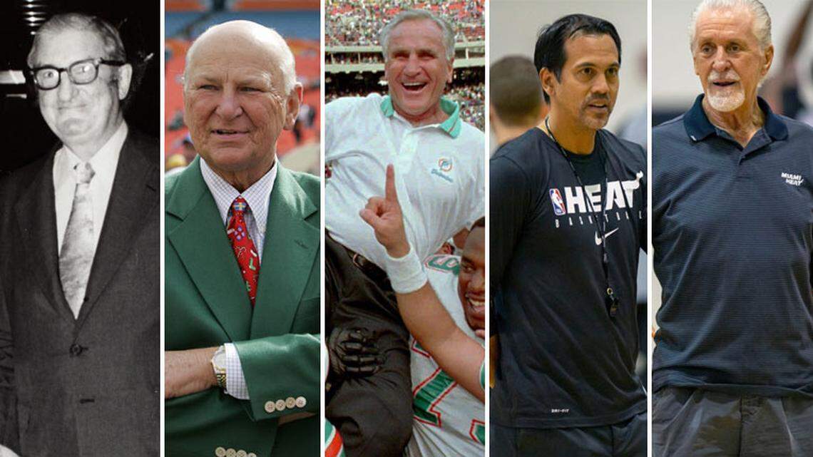 Joe Robbie (from left), Wayne Huizenga, Don Shula, Erik Spoelstra, Pat Riley