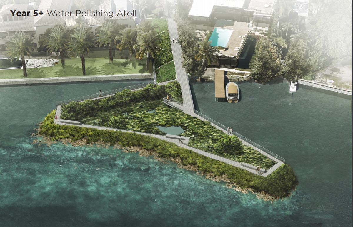 A proposed water polishing atoll, an island with a feature to purify stormwater runoff, to be placed off the edge of Bay Homes Drive in Miami. The street was the subject of a new report with a series of neighborhood selected recommendations to keep the area dry in the face of sea level rise.