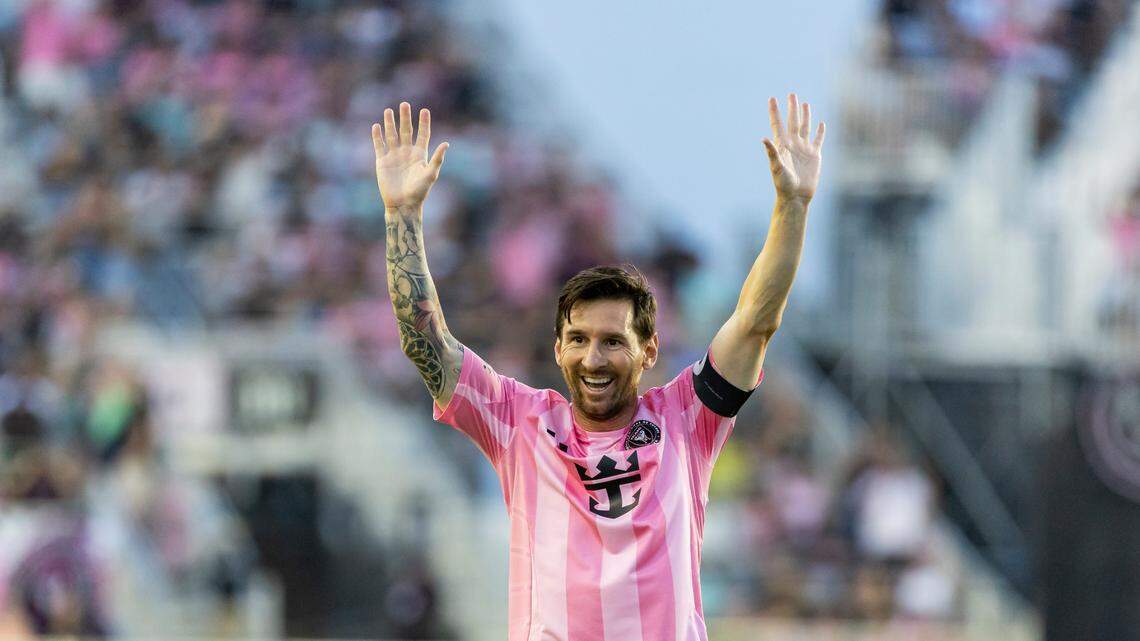 Inter Miami forward Lionel Messi (10) celebrates after scoring a goal against the Columbus Crew in the first half of their MLS match at Chase Stadium on Saturday, May 31, 2025, in Fort Lauderdale, Fla.