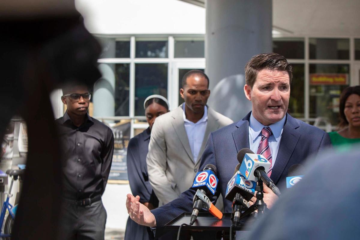 Douglas McCarron, of the Haggard Law Firm, speaks during a press conference on Friday, Sept. 2, 2022, outside the Scott Rakow Youth Center in Miami Beach to demand answers about how Peniel Janvier drowned at a city pool a few weeks ago.