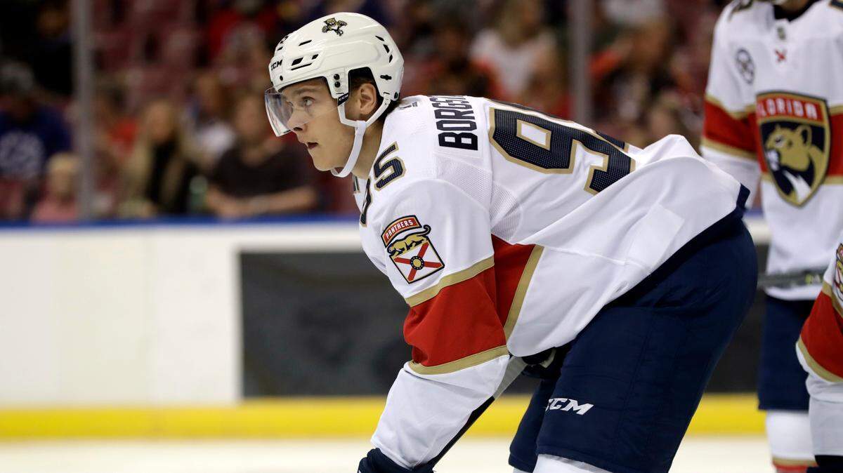 Florida Panthers center Henrik Borgstrom, of Finland, stands on the ice during the first period of Saturday’s exhibition game against the Tampa Lightning in Sunrise.