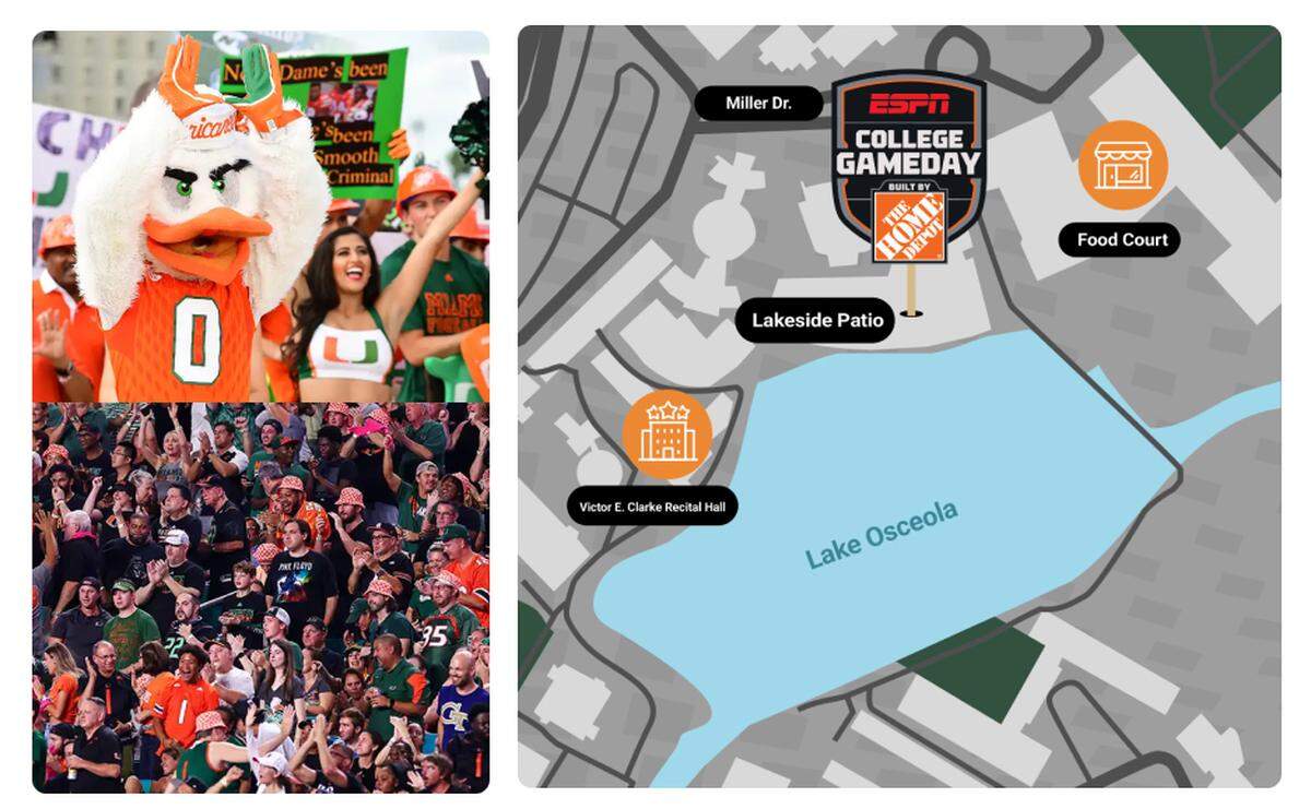 College GameDay on Saturday, Sept. 20, will take place on the Lakeside Patio on the University of Miami campus.