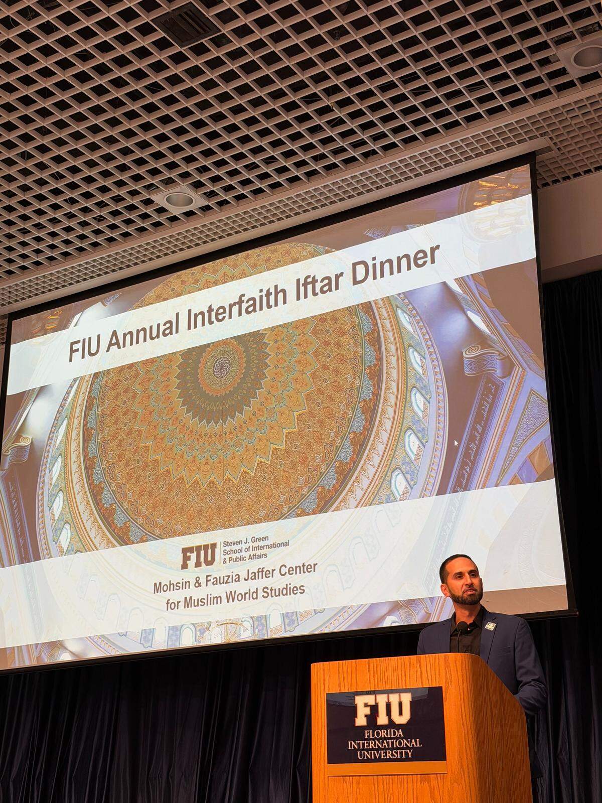 Dr. Mohamed Ghumrawi, assistant director of the Mohsin and Fauzia Jaffer Center for Muslim World Studies at FIU, speaks about Ramadan during FIU’s annual interfaith iftar dinner.