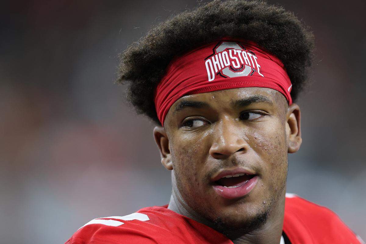 ARLINGTON, TEXAS - DECEMBER 31: Caleb Downs #2 of the Ohio State Buckeyes looks on prior to a game against the Miami Hurricanes during the 2025 College Football Playoff Quarterfinal at the 90th Goodyear Cotton Bowl Classic at AT&T Stadium on December 31, 2025 in Arlington, Texas.  (Photo by Alex Slitz/Getty Images)