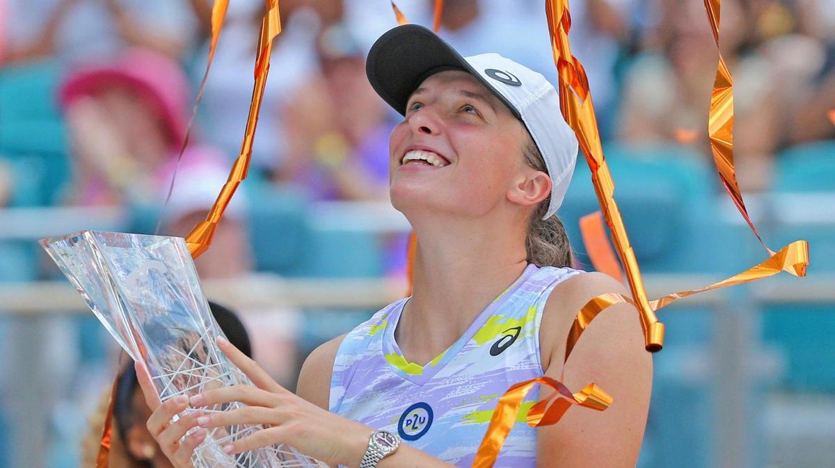 Iga Swiatek reacts after defeating Naomi Osaka during the Miami Open Women’s Final at Hard Rock Stadium in Miami Gardens, Florida on Saturday, April 2, 2022.