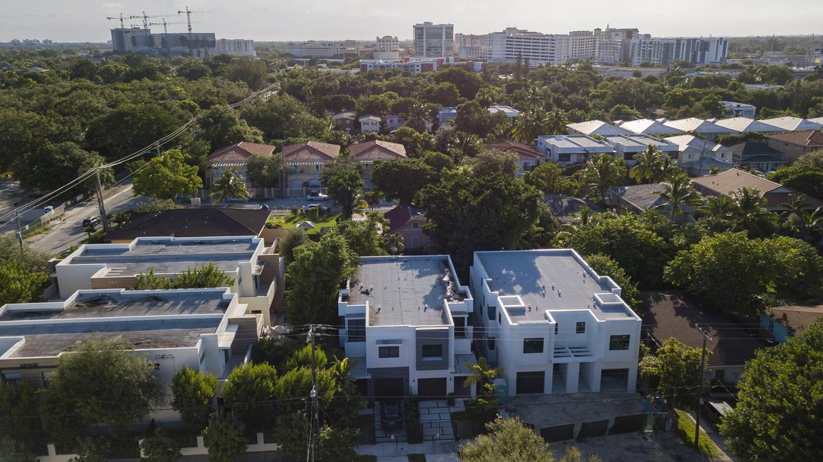 An aerial view of townhouses in the West Grove in 2019.