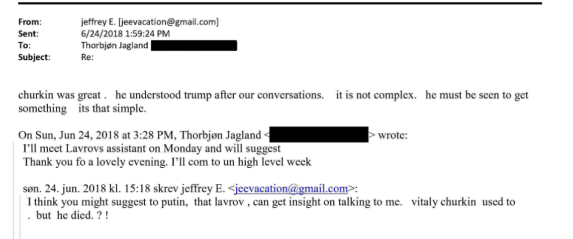 An email between Jeffrey Epstein and Norwegian politician Thorbjørn Jagland released by the House Oversight Committee on Wednesday