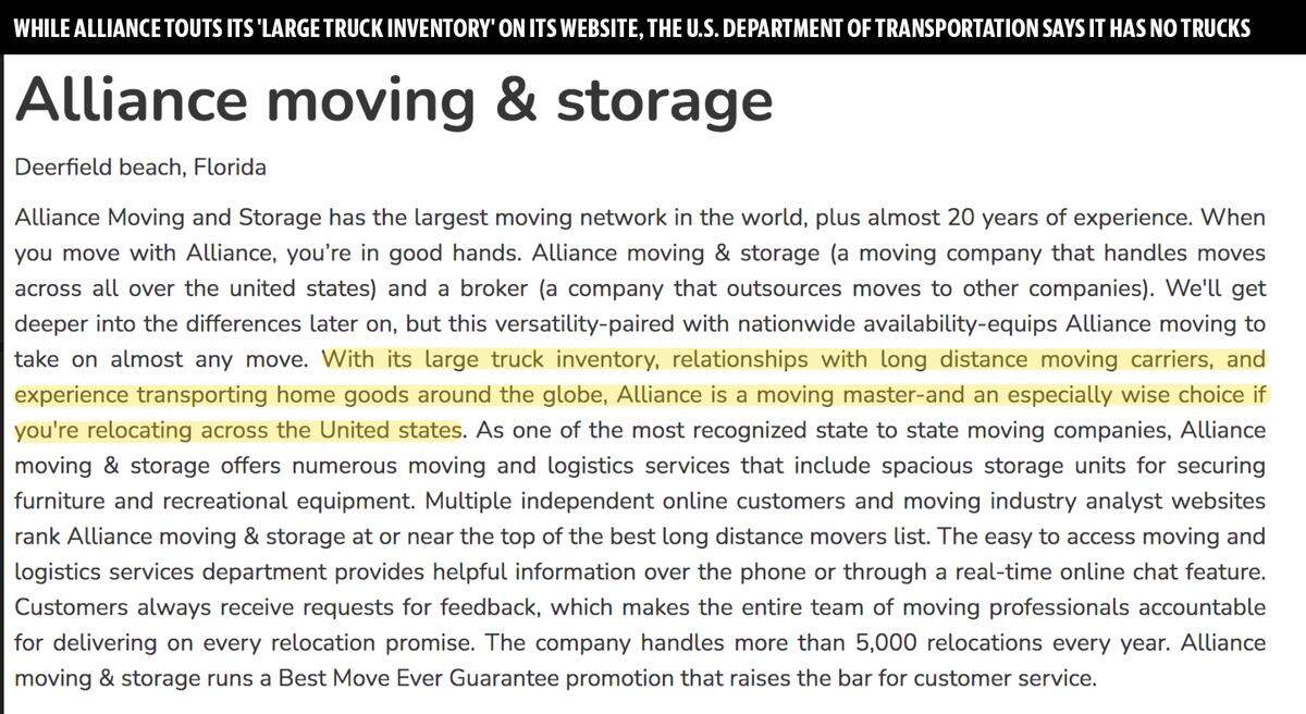 Alliance Moving and Storage boasts of its large inventory of trucks. The U.S. Department of Transportation website says it has none.