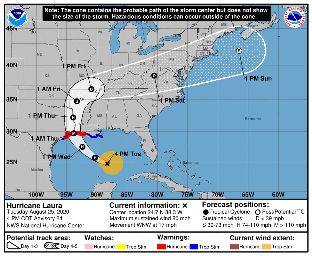 Hurricane Laura is still on track to hit the central Gulf Coast as a category 3 hurricane.