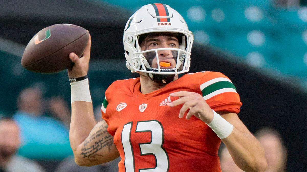 Miami Hurricanes quarterback Jake Garcia (13) sets up to pass in the fourth quarter against Middle Tennessee State Blue Raiders at Hard Rock Stadium in Miami Gardens on Saturday, September 24, 2022.