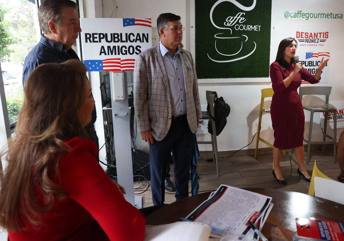 Lt. Gov. Jeanette Nuñez, right, speaks during a Republican Amigos meeting for the grassroots GOP group before midterm elections inside of Caffe Gourmet on Wednesday, Oct. 19, 2022, in Weston, Fla.