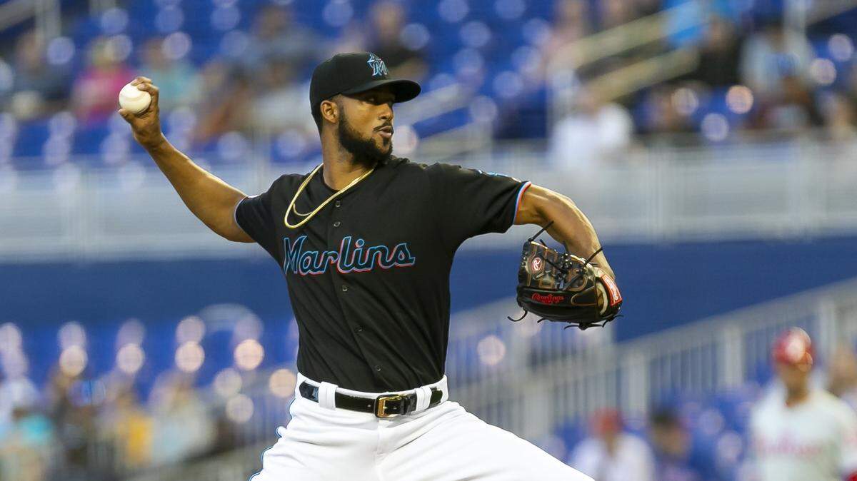 Miami Marlins pitcher Sandy Alcantara (22) pitches against the Philadelphia Phillies in the first inning of a baseball game at Marlins Park in Miami on Friday, April 12, 2019.
