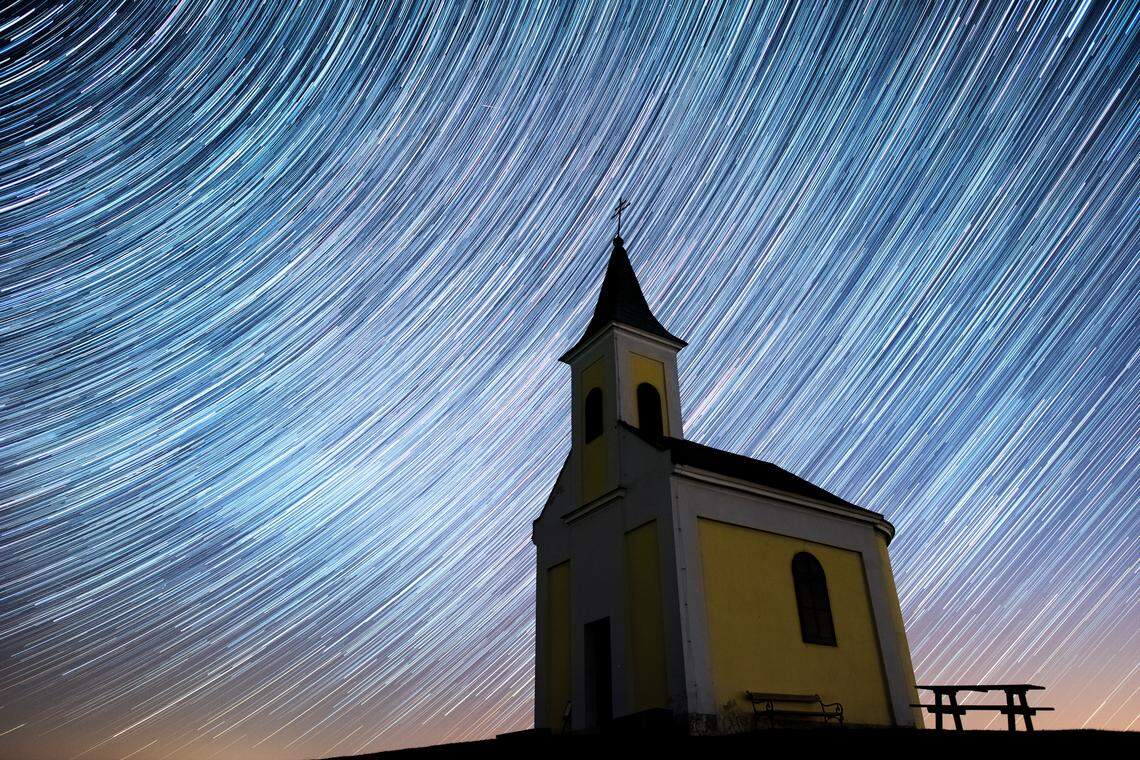 Startrails are seen during the Lyrids meteor shower over Michaelskapelle on April 20, 2020 in Niederhollabrunn, Austria. 