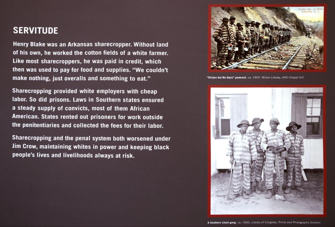 A panel on the history of Black servitude by sharecropping is displayed at the ‘Black Citizenship in the Age of Jim Crow’ exhibit, organized by the New-York Historical Society. It explores the struggle for full citizenship and racial equality that unfolded in the decades after the Civil War.