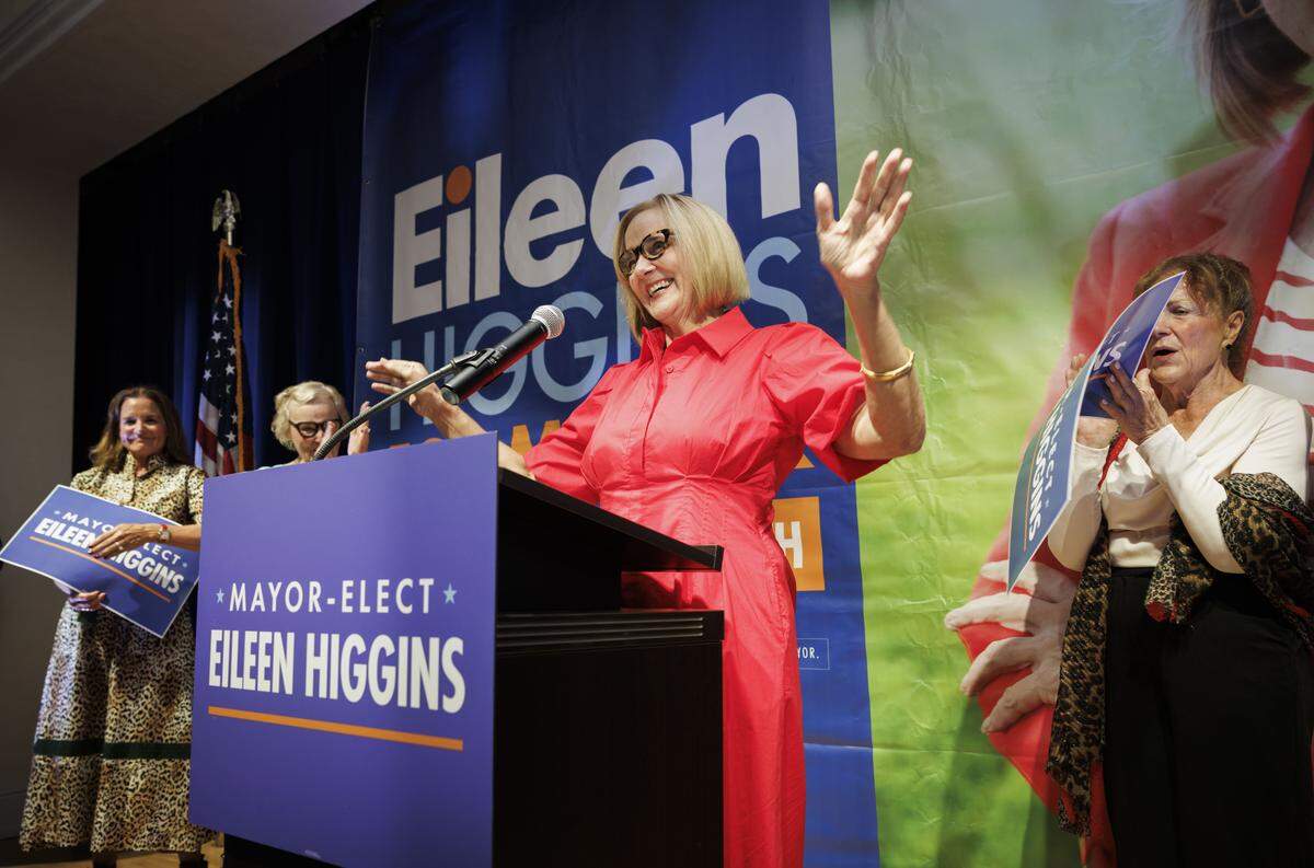 Mayor-elect Eileen Higgins, former Miami-Dade County Commissioner, center, reacts onstage after an apparent victory during an election night watch party in the runoff race for Miami mayor on Tuesday, Dec. 9, 2025, at the Miami Women's Club in Miami, Fla. 