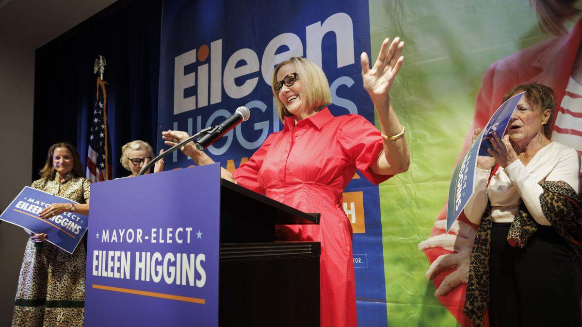 Mayor-elect Eileen Higgins, former Miami-Dade County Commissioner, center, reacts onstage after an apparent victory during an election night watch party in the runoff race for Miami mayor on Tuesday, Dec. 9, 2025, at the Miami Women's Club in Miami, Fla.