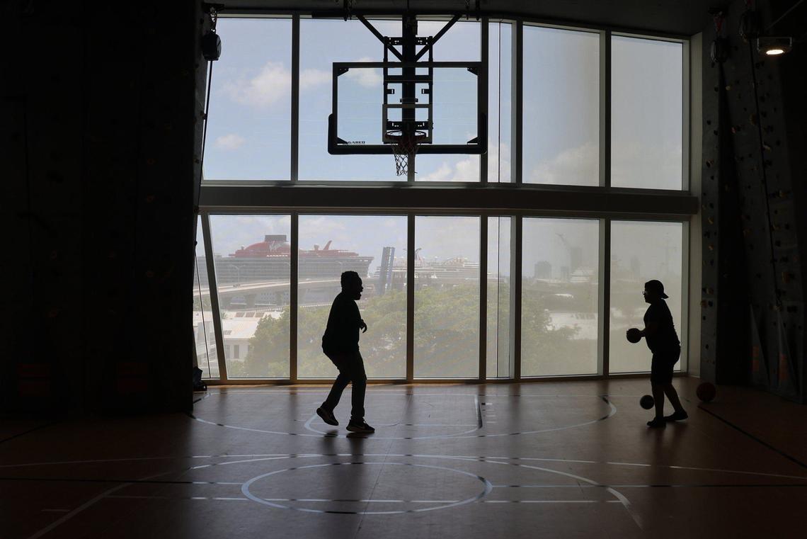 Boys play dodgeball inside the First United Methodist Church of Miami’s basketball gym after Sunday service. The gym is located on the 7th floor of the church’s new space in a luxury condo tower on Biscayne Boulevard.