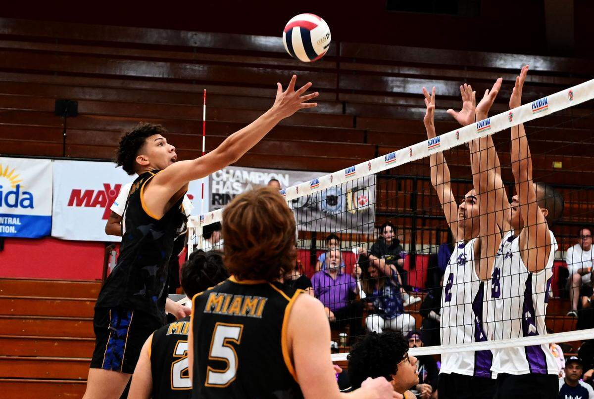 Miami Senior outside hitter Jefferson Moreno tips the ball over the net while Southwest defenders Jamale Toste (2) and Dereck Ocasio (28) respond during an FHSAA Class 1A boys volleyball state semifinal match at Polk State College on Saturday.