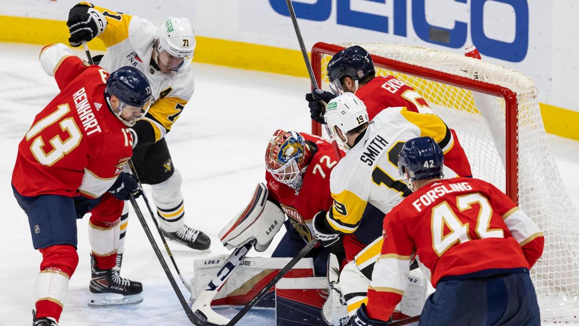 Florida Panthers goaltender Sergei Bobrovsky (72) stops a shot by Pittsburgh Penguins right wing Reilly Smith (19) in the third period of their NHL game at the Amerant Bank Arena on Friday, Dec. 8, 2023, in Sunrise, Fla.