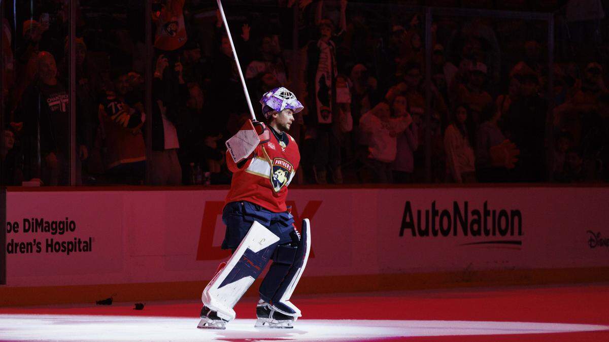 Florida Panthers goaltender Sergei Bobrovsky (72) comes out as the first star of the game after beating the New Jersey Devils on Thursday, Nov. 20, 2025, at Amerant Bank Arena in Sunrise, Fla. 
