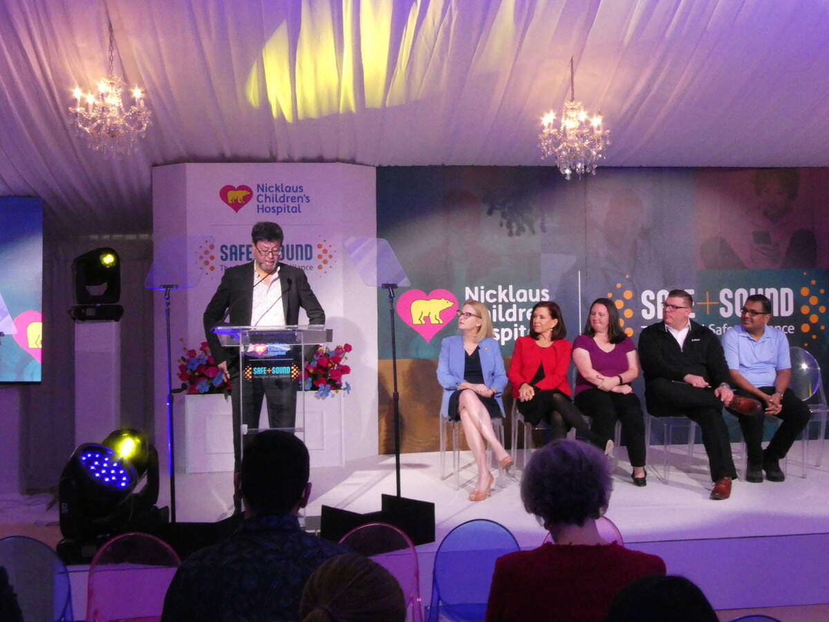 Leyan “Lee” Phillips, co-founder of Digital Health Institute for Transformation, speaks about the mission of the newly formed Digital Safety Alliance during a news conference at Nicklaus Children’s Hospital near South Miami on Wednesday, Jan. 31, 2024. Other speakers (from left to right) include Dr. Jennifer McCafferty-Fernandez, senior vice president of external affairs at Nicklaus Children’s Hospital near South Miami; Dr. Marisa Azaret, clinical director of the psychology department at Nicklaus; Michelle Appelrouth-Radar, a parent and former teacher who is part of Nicklaus family advisory council; Bill Brady, Troomi CEO; and Lokesh Ramamoorthi, associate program director of innovation technology and design at the University of Miami College of Engineering.