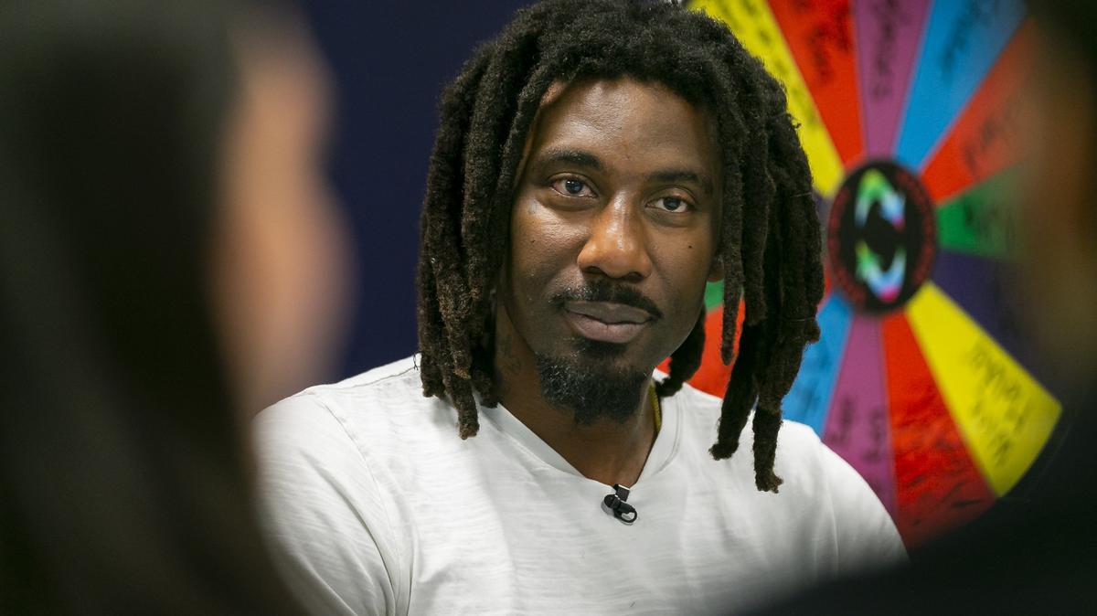 Amar’e Stoudemire, a former NBA player with the New York Knicks, Phoenix Suns and Miami Heat, meets with members of Hillel at Florida International University in 2019 to work on a program that sought unity between Jewish and African-American students. Stoudemire is Jewish and African-American.