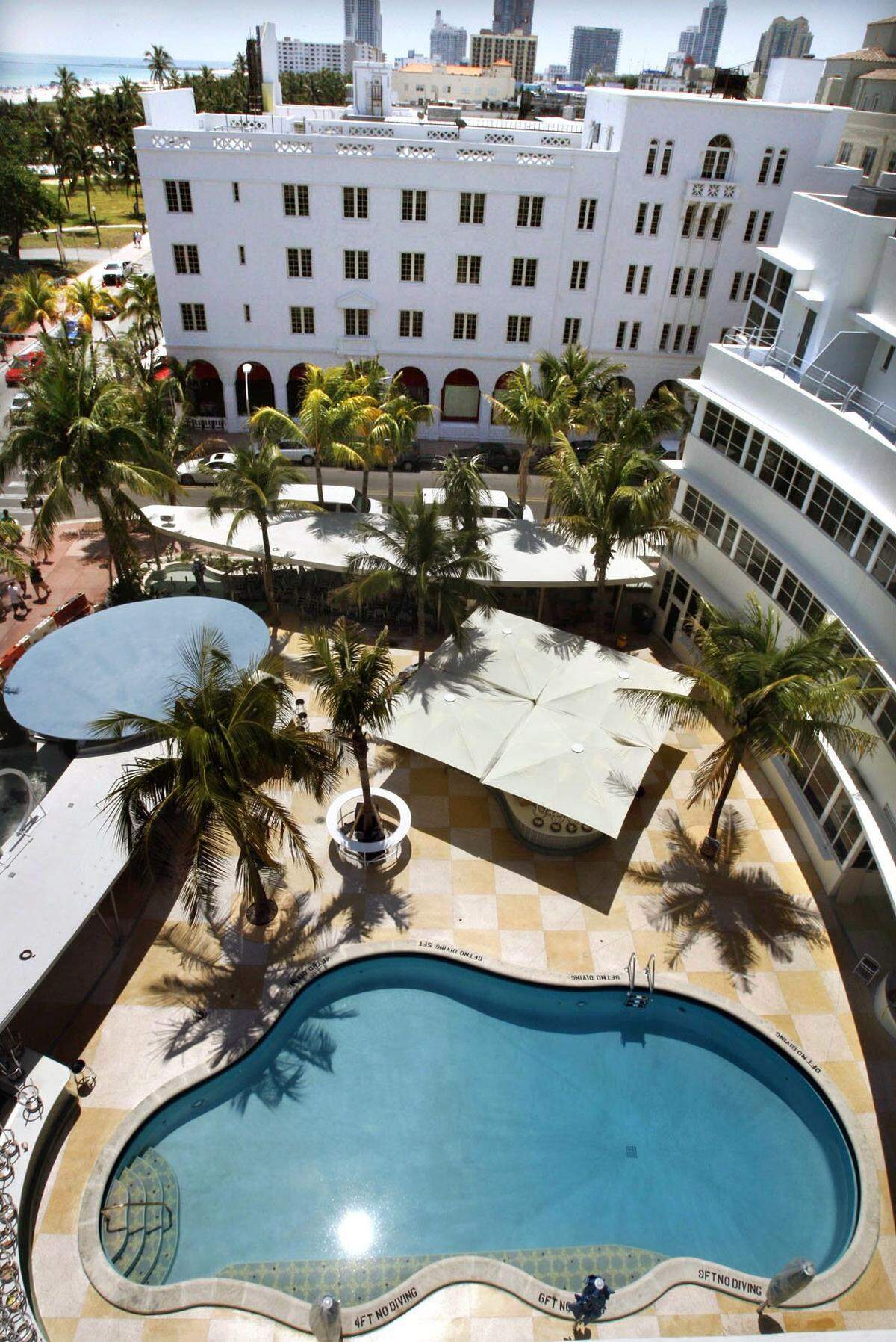In 2009, the view from The Cleveland’s new roof deck shows the hotel’s pool and palm-shadowed deck, ringed by covered bars. The Clevelander’s extensive renovation included many upgrades, some designed to keep rowdy guests from destroying property, as sometimes occurred in the past.