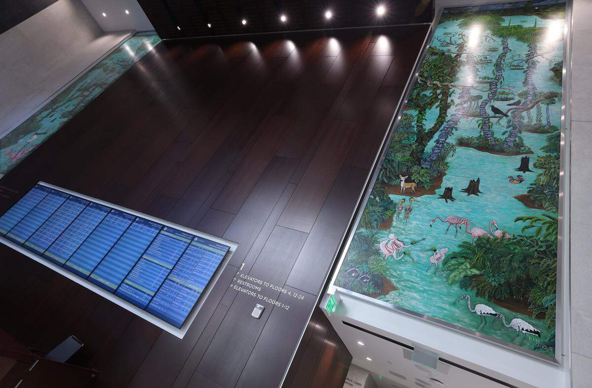 Edouard Duval-Carrié's 56-ft-long mural Ode to the Everglades has been installed in the lobby and depicts the complex ecosystem that encompasses much of South Florida. The two sections are displayed on Wednesday, January 14, 2026.