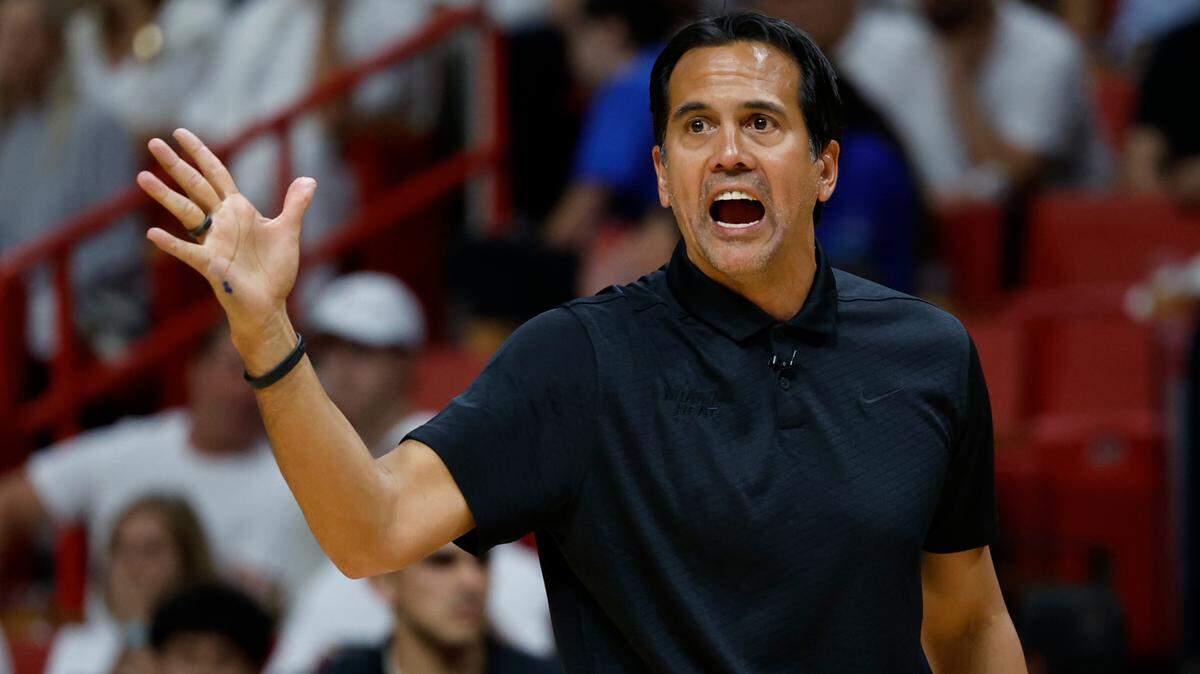 Miami Heat coach Erik Spoelstra gestures towards the court during the first half against the Boston Celtics in Game 6 of Eastern Conference finals at the Kaseya Center in Miami on Saturday, May 27, 2023.