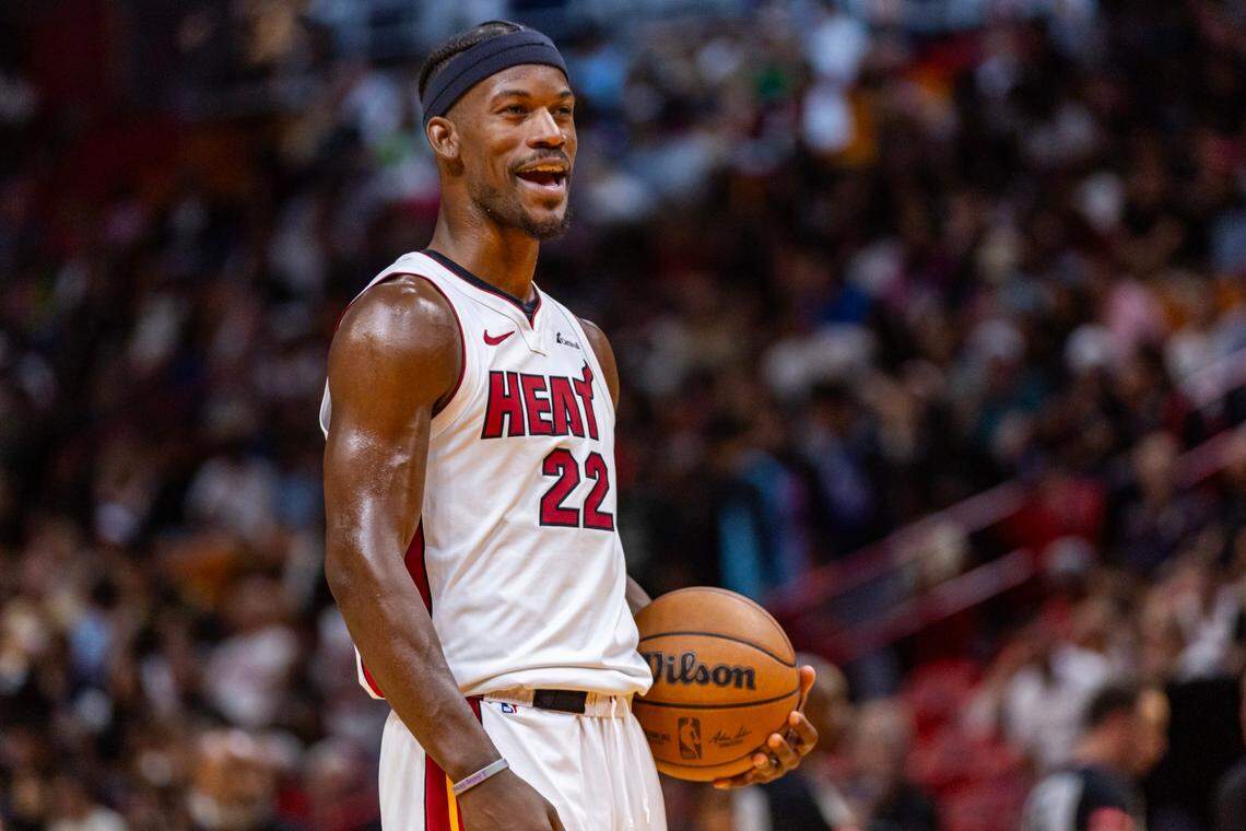 Miami Heat forward Jimmy Butler (22) reacts during the second half of an NBA game at Kaseya Center in Miami, Florida, on Friday, April 12, 2024.