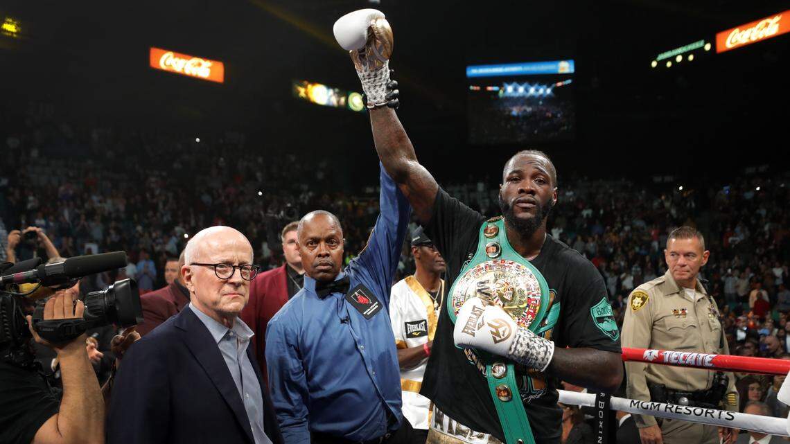 LAS VEGAS, NEVADA - NOVEMBER 23: WBC heavyweight champion Deontay Wilder poses with referee Kenny Bayless after defeating Luis Ortiz in their title fight at MGM Grand Garden Arena on November 23, 2019 in Las Vegas, Nevada. Wilder won with a seventh-round knockout. (Photo by Steve Marcus/Getty Images)